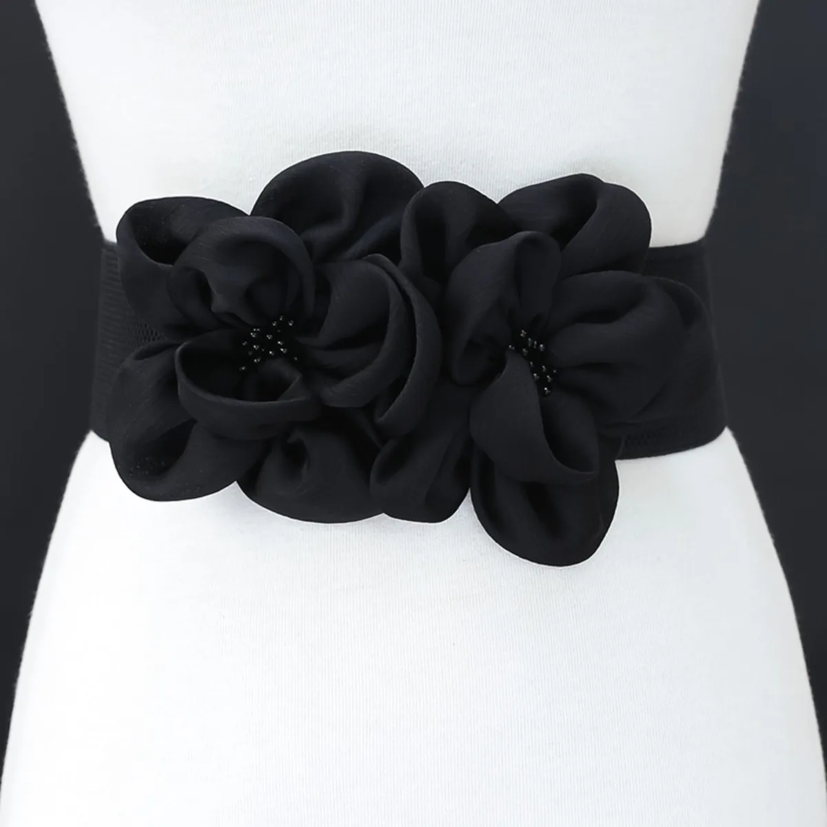 

Ремень с двойным цветком в корейском стиле, черный широкий эластичный пояс для юбок, женский модный эластичный пояс, украшение