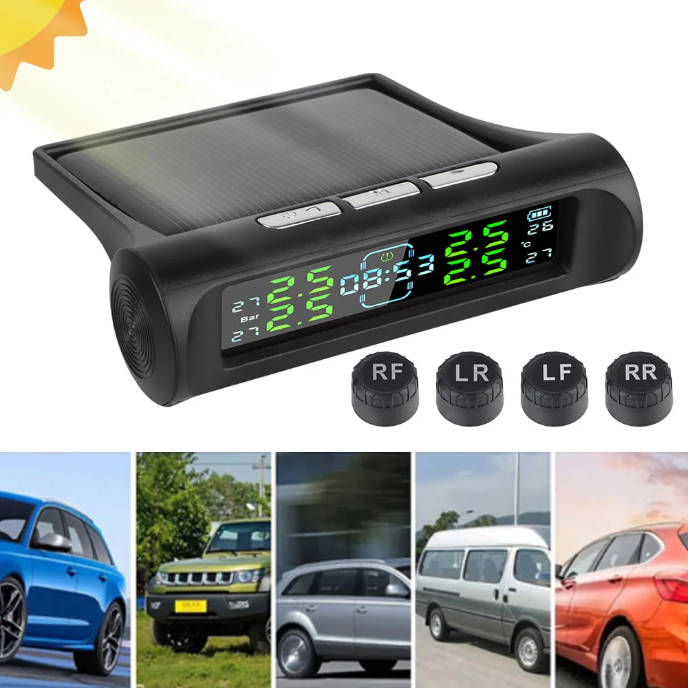 

Car Solar TPMS Automobile Tire Pressure Monitoring System On Dashboard Digital Clock Display 4 TPMS Sensors Auto Security Alarm