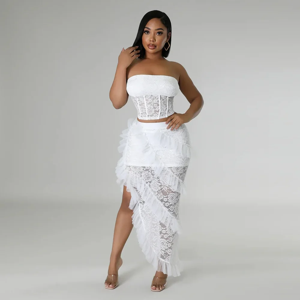 

2024 Women 2 Piece Long Skirt Sets Sexy Strapless Tube Top Bodycon Maxi Skirts Y2k Two Piece Outfit Summer Clothing Beach Wear