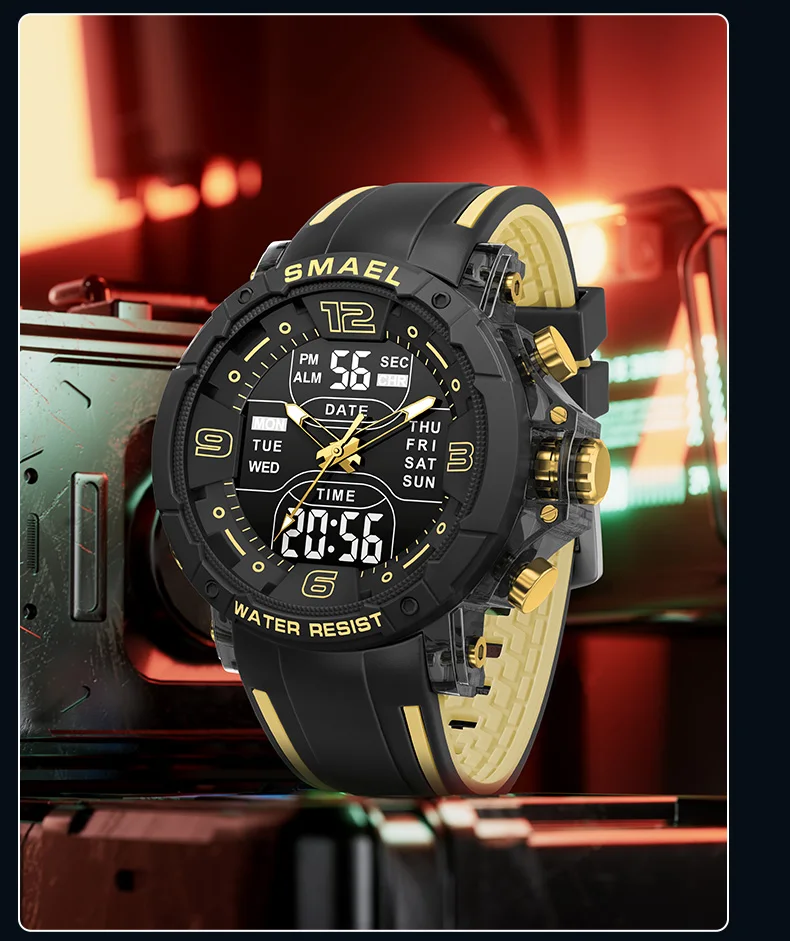 SMAEL 8140 Dual Display Military Watch for Men - 50M Waterproof LED Alarm Chronograph Stopwatch Shock Resistant