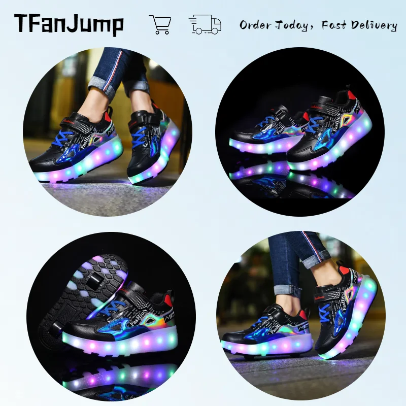 Zapatos de patines de ruedas de deformación para niños, zapatillas luminosas brillantes, zapatos deportivos para exteriores de moda, zapatos Led