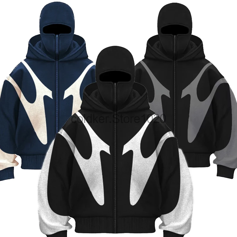 

New Retro Printed Double Hat Hoodie for Men Women Y2k Harajuku Casual Couple Zipper Hoodies Male Fashion Sweatshirt Street Wear