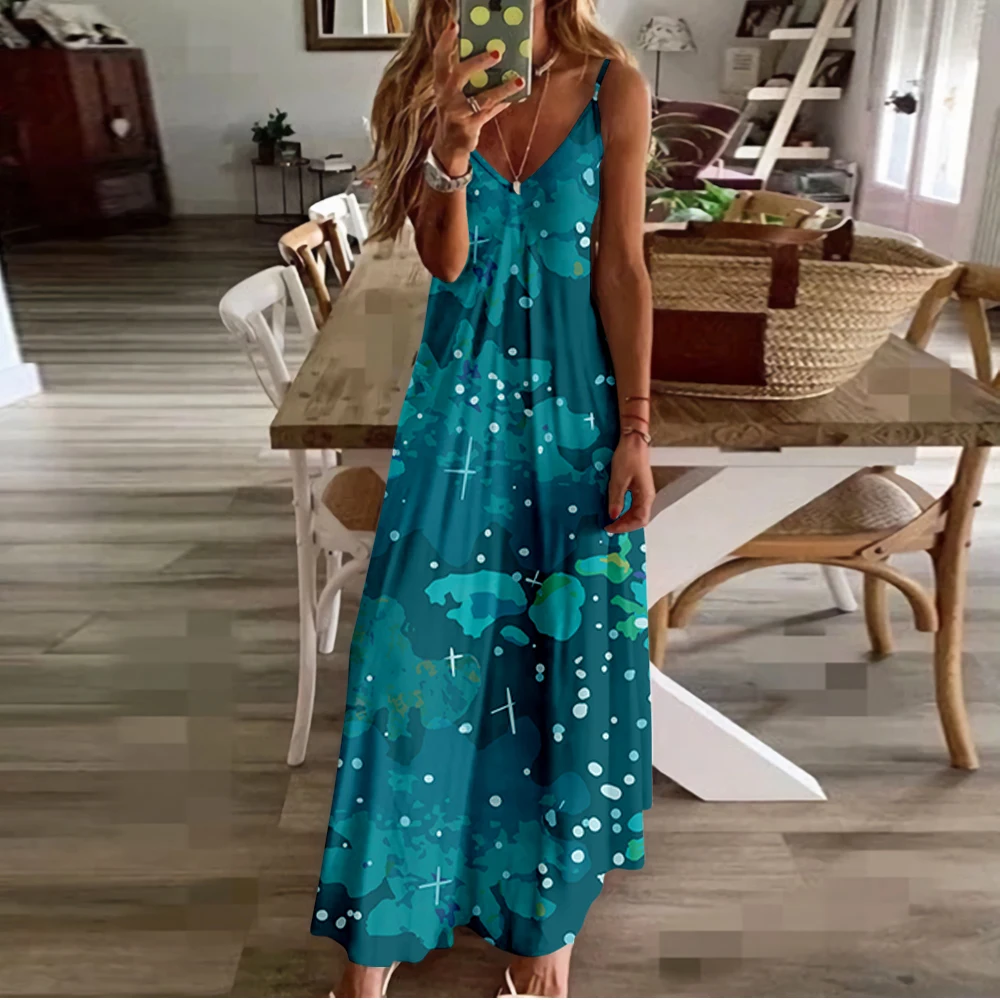

Spring Summer Women V-Neck Camouflage Printed Sexy Beach Long Maxi Dress Split Sleeveless Clothing Holiday Vestido