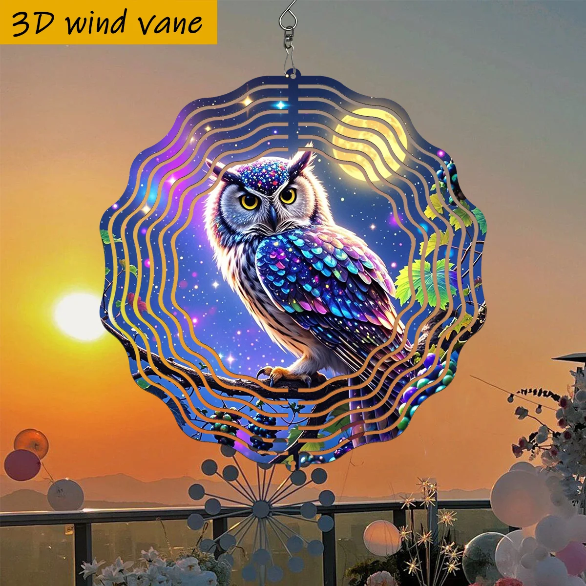 CIFbuy 3D Wind Spinner Garden Decor 360 Degree Rotating Hook Colorful Owl Branch Pattern Outdoor Patio Yard Art Ornament