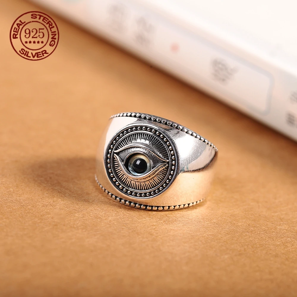 

S925 Sterling Silver Devil's Eye Adjustable Opening Ring Fashionable Retro Men's And Women's Ring Punk Jewelry Exquisite Gift