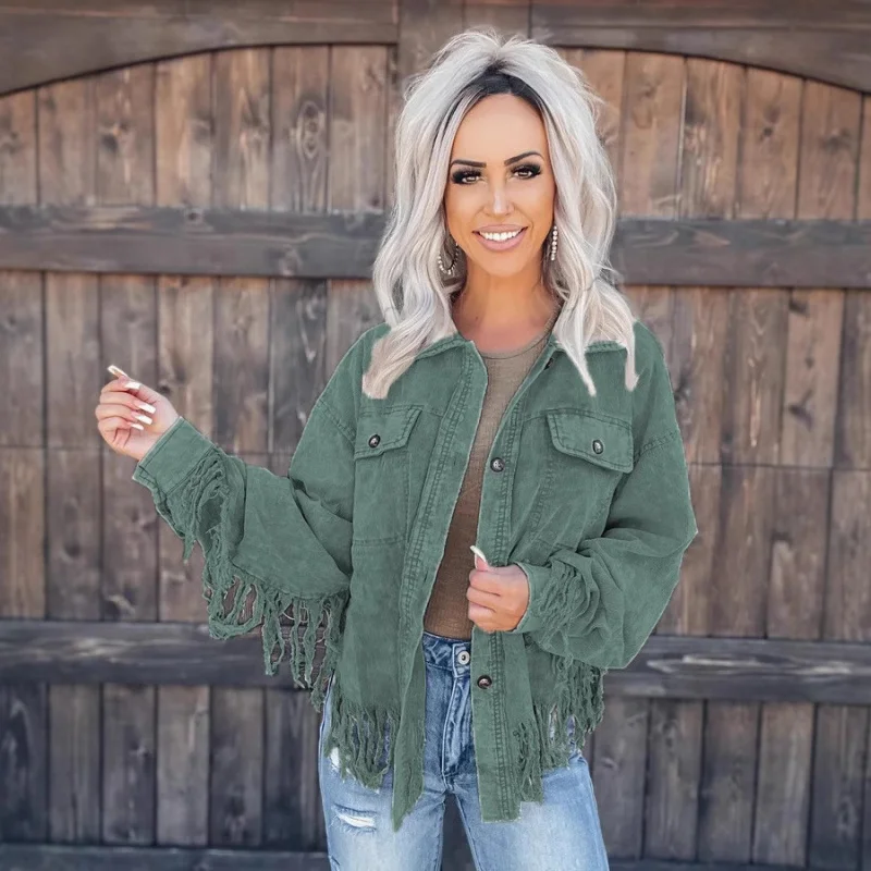 

European and American Autumn Winter Casual Street Ins Style Patchwork Tassel Washed Corduroy