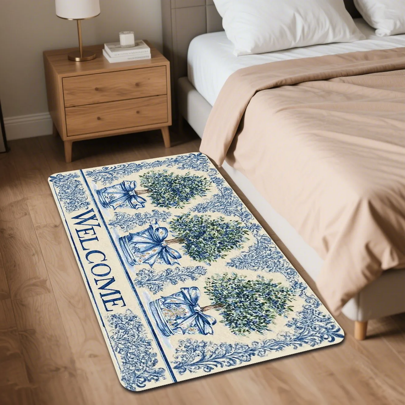 1pc Elegant Blue and White Floral Welcome Doormat with Green Hedge Tree and Bow Decoration - Non-Slip PVC Backing, Absorbent M