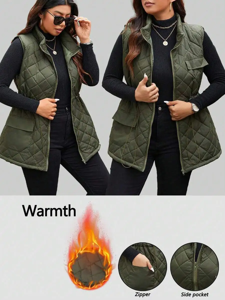 

Olive Green Quilted Vest with Drawstring Waist and Cargo Pockets