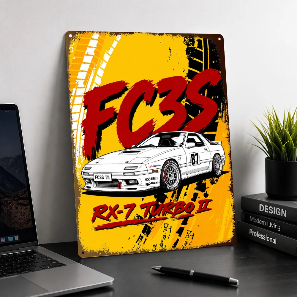 Japan RX-7 Turbo II FC3S White Sports Car Textured Poster Personalized Aluminum Metal Sign Track Style Wall Art Ideal For Home