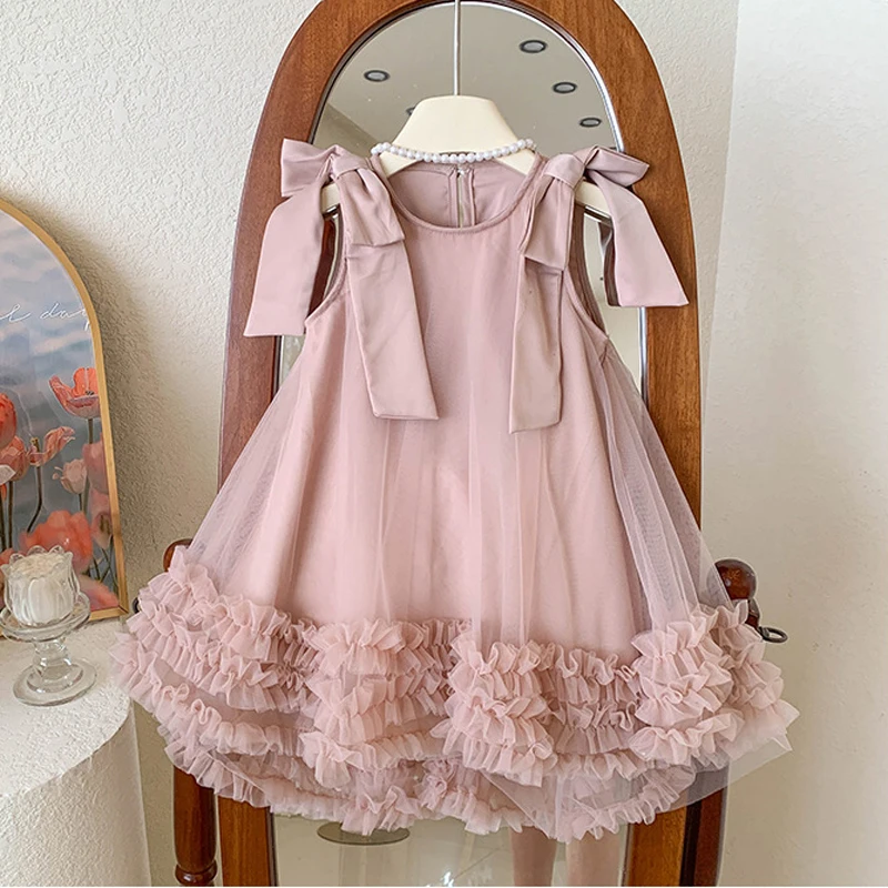 

2025 Summer New 2 3 4 5 6 8 10Years Girls Princess Dress Solid Color Bowknot Mesh Sleeveless Party Dress For Fashion Ball Gown