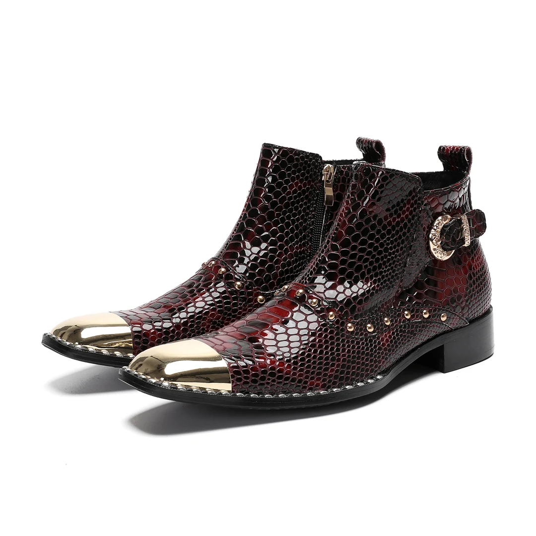 Fashion Metal Square Toe Men Real Leather Ankle Boots Big Size Rivets Night Club Party Motorcycle Short Boots Male Dress Shoes