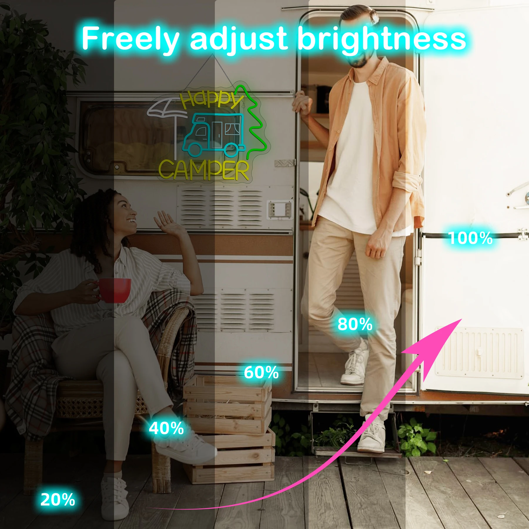 Happy Camper Neon Sign Dimmable Camping Light Up Sign for Touring Car Gifts Campsite Decorations Inside Camper Backdrop