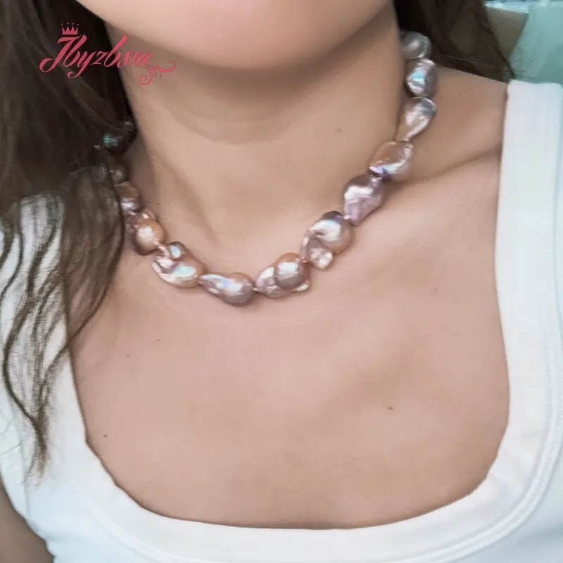 8x12-10x15mm Freefrom Purple Keshi Edsion Natural Freshwater Pearl Stone Beaded Short Necklace 15.5 Inch for Women New Year Gift