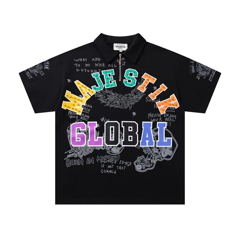 Majestik T-shirts Men's Women's Street Style Fashion Stamped Diamond Letter Print Short Sleeve Tops Stock