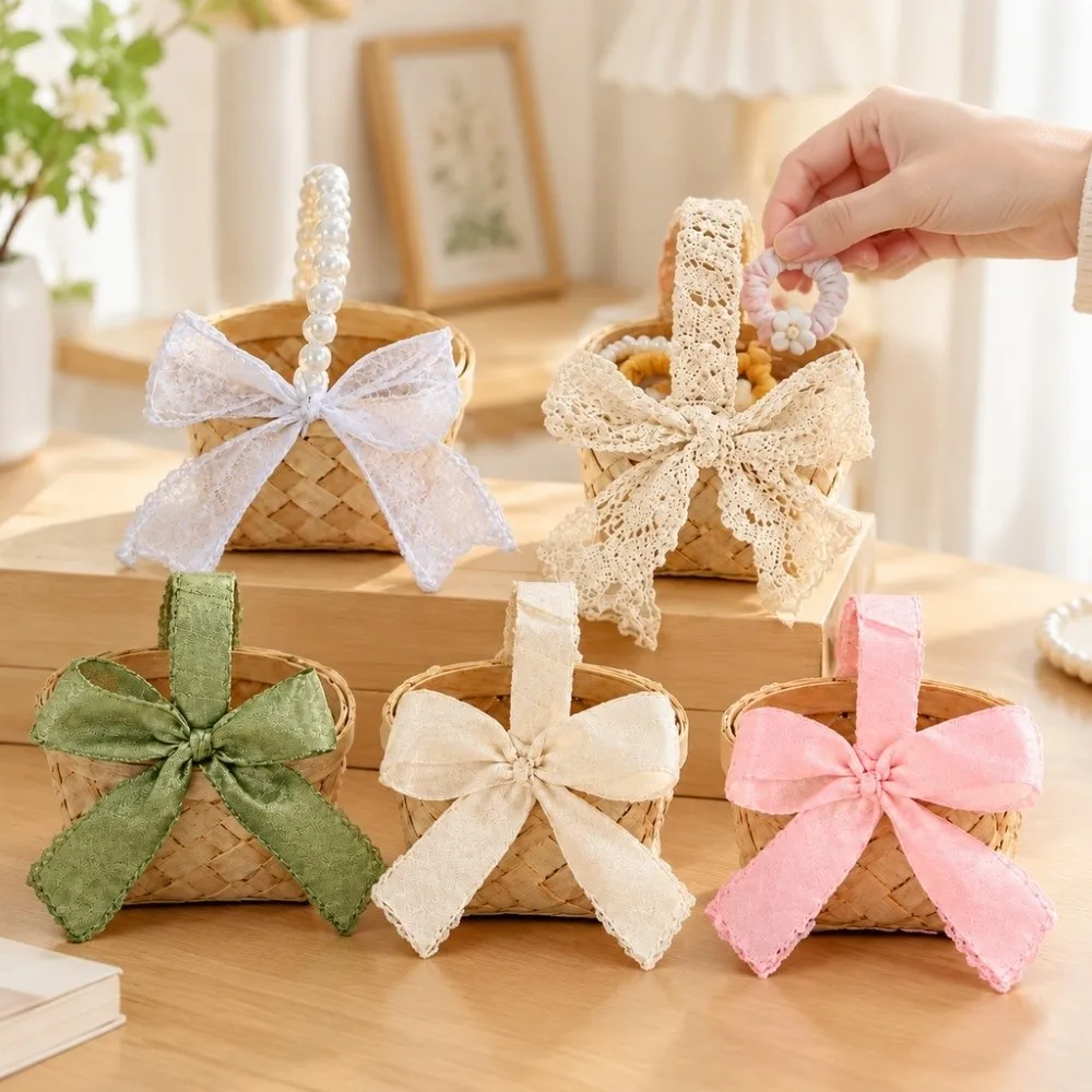 Colorful Ribbon Bow Wedding Candy Storage Basket Mini with Handle Handwoven Basket Handheld Gift Storage Basket