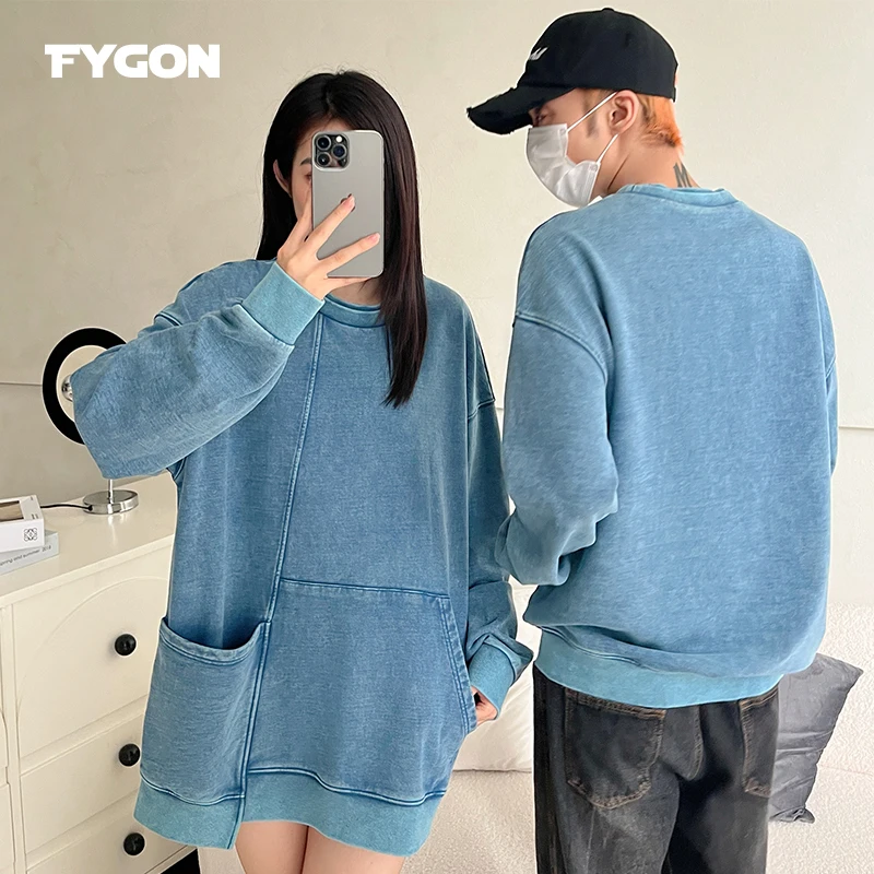 Fygon Vintage Design Washed Sweatshirts Casual Oversized Dislocated Kangaroo Pockets Pullovers Street Double Neckline Tops