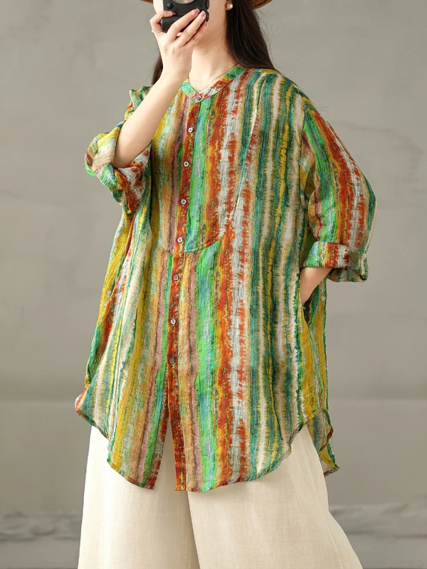 Arttistique arc-en-ciel rayé teint imprimé coton lin irt grande taille femmes simple bouton Long Sve col montant protection solaire...