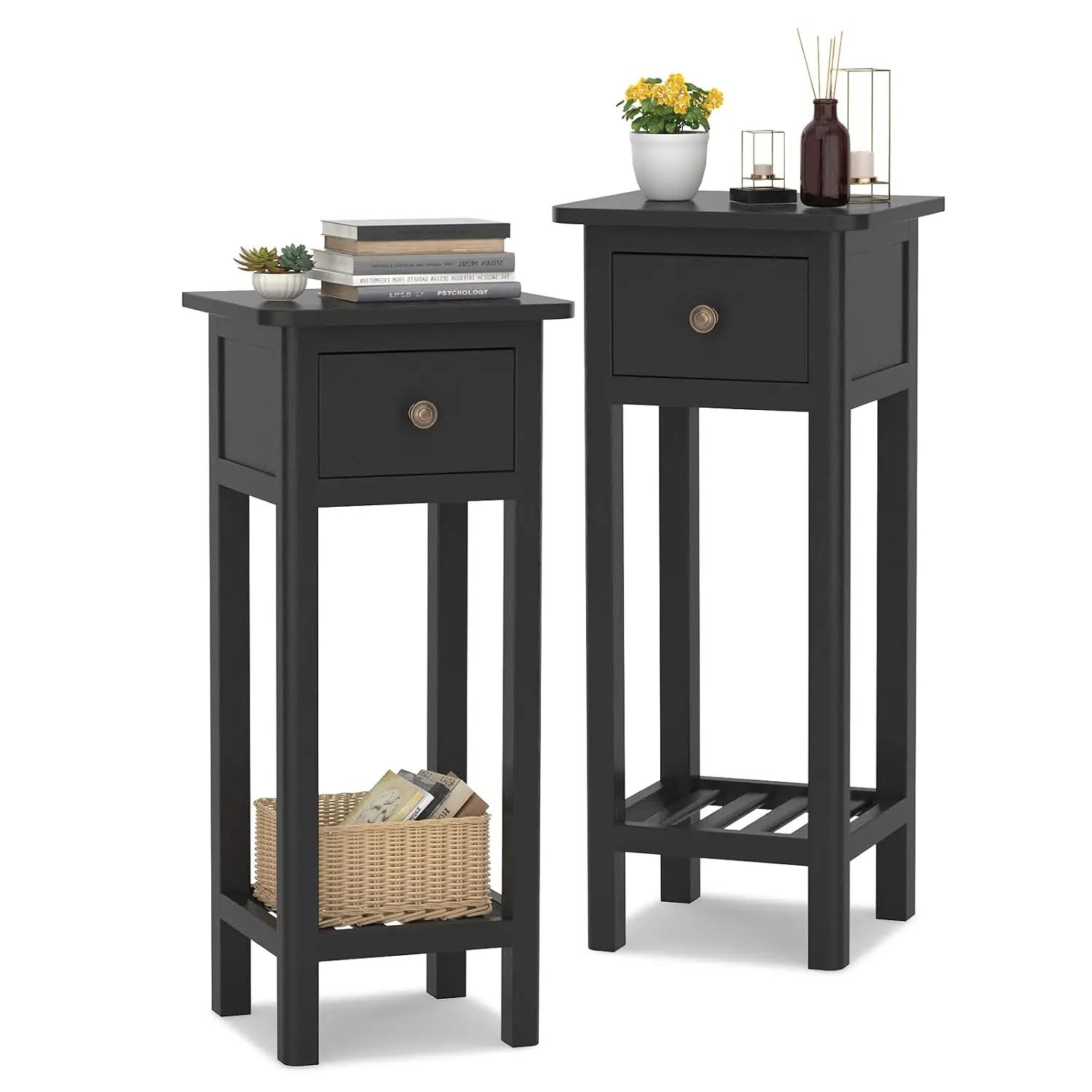 Narrow End Table Set Of 2 With Drawer & Shelf, Acacia Wood 2-Tier Nightstand For Living Room Bedroom, Customized