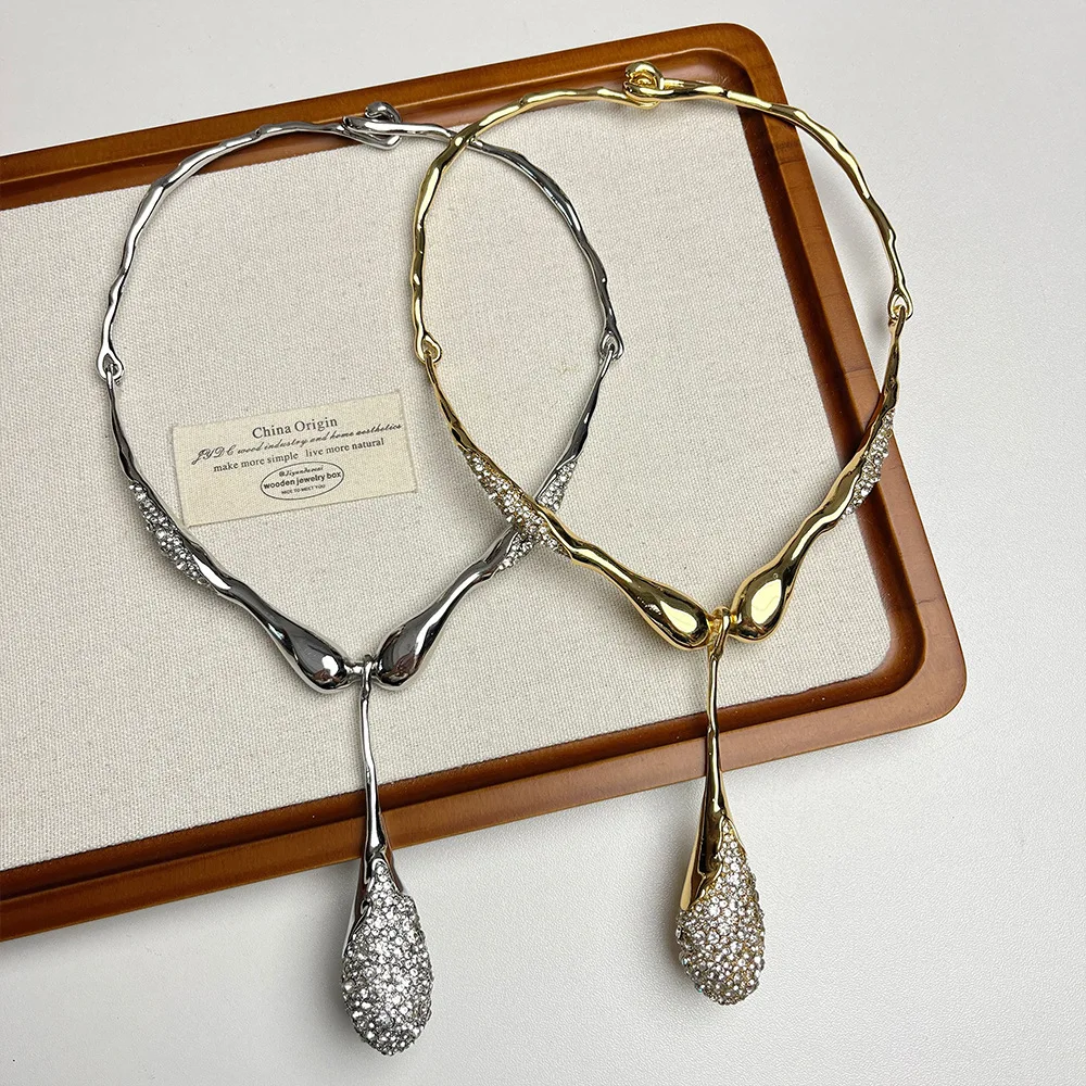 Irregular Meatal Rhinestone Water Drop Pendant Necklace for Women Collar Stylish Trendy Necklace Jewelry Gift