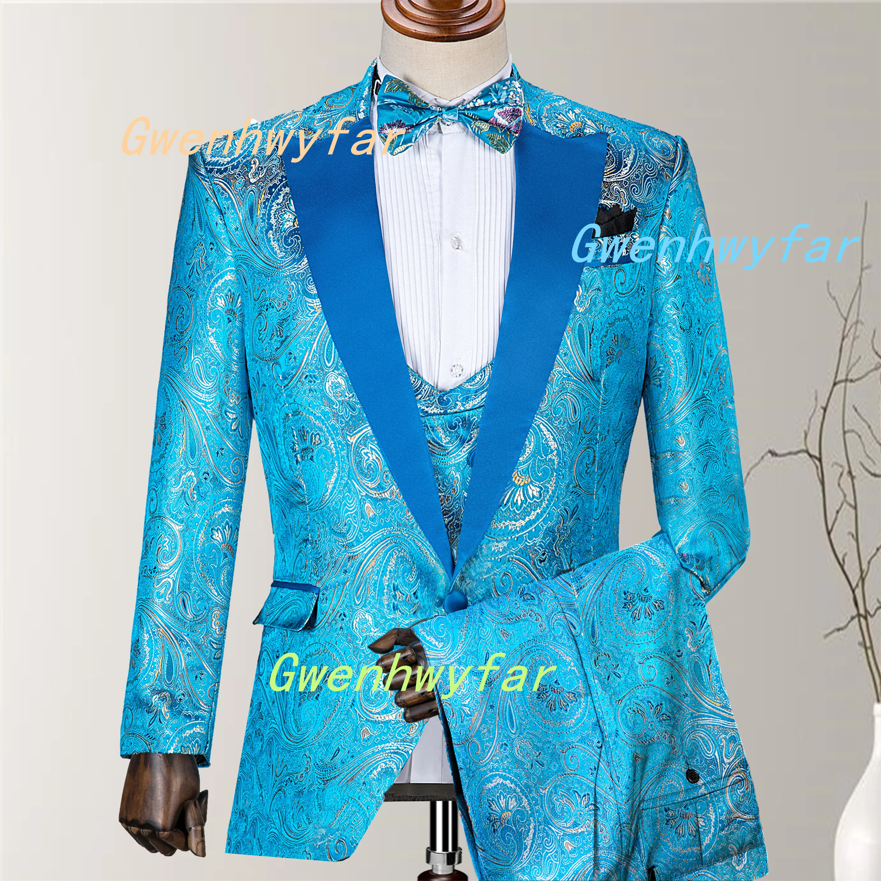 Lake Blue Shiny Satin Patterned Suit 3-piece Set 2026 Beautiful Ball Dress for Men Elegant Costume Homme Jacket Vest Pants