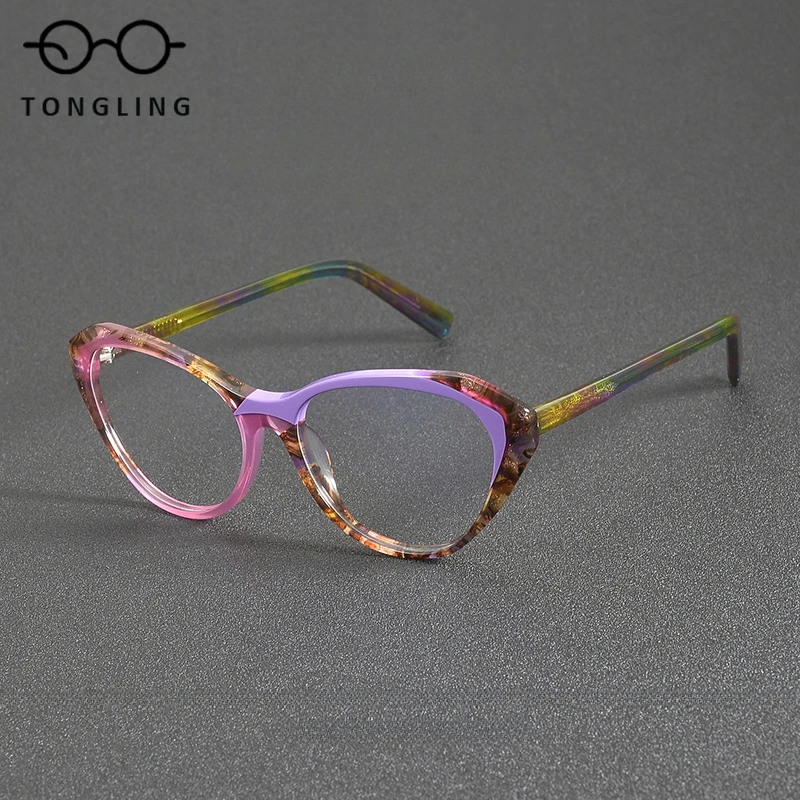 2025 New High Quality Ladies Retro Acetate Men Cat-Eye Ultra Light Fashion Patchwork Frames Available with Prescription Lenses