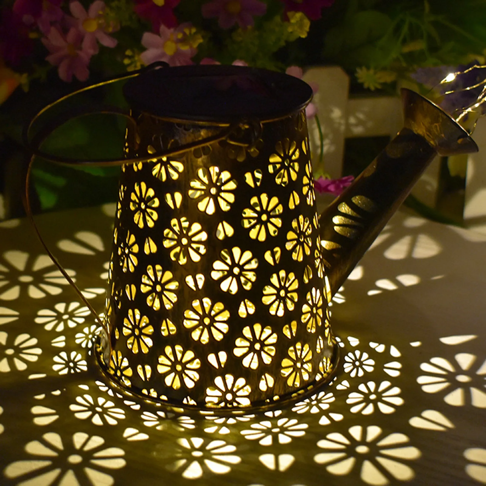 with Hollow Pattern Design Fairy String Lamp, Solar Watering Can Lights Outdoor