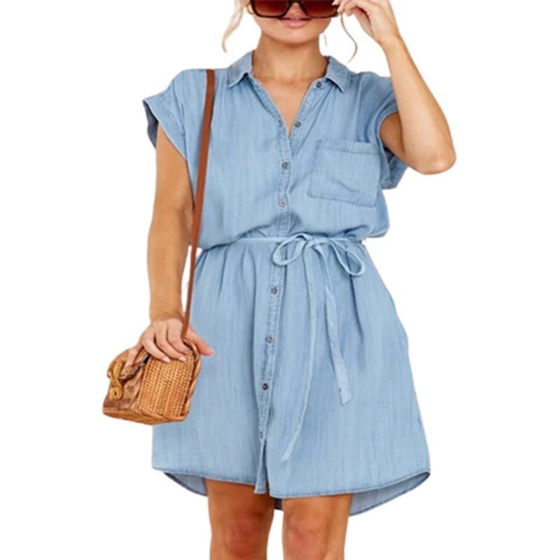 

Loose Waist Single-breasted Cardigan Dresses Women Summer Casual Commuter Thin Denim Dressy Female Lapel Pocket Decoration Gown