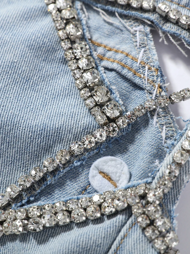 Women Low Waist Jeans Star Rhinestone Pants Cut Out Wide Leg Trousers Light Wash Distressed Denim Pants Street Woman Clothes
