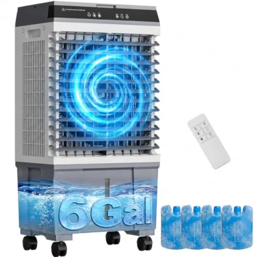 Portable evaporative air cooler for home office bedroom use, plastic body, white color, 1800CFM airflow with 6-gallon top-fill