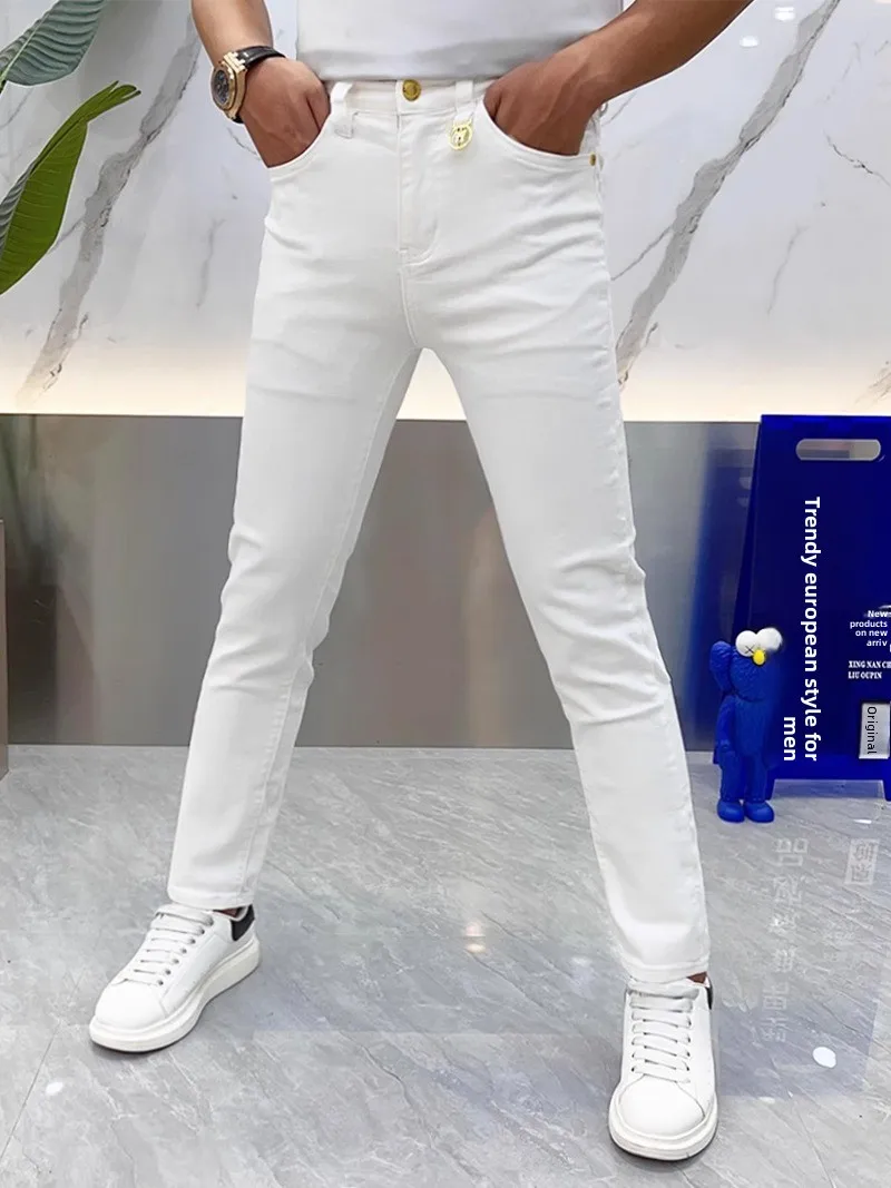 

Мужские белые джинсы слим-фит, повседневные, эластичные, удобные, из стрейч-денима, в корейском стиле, осенние, модные, с узкими прямыми штанинами