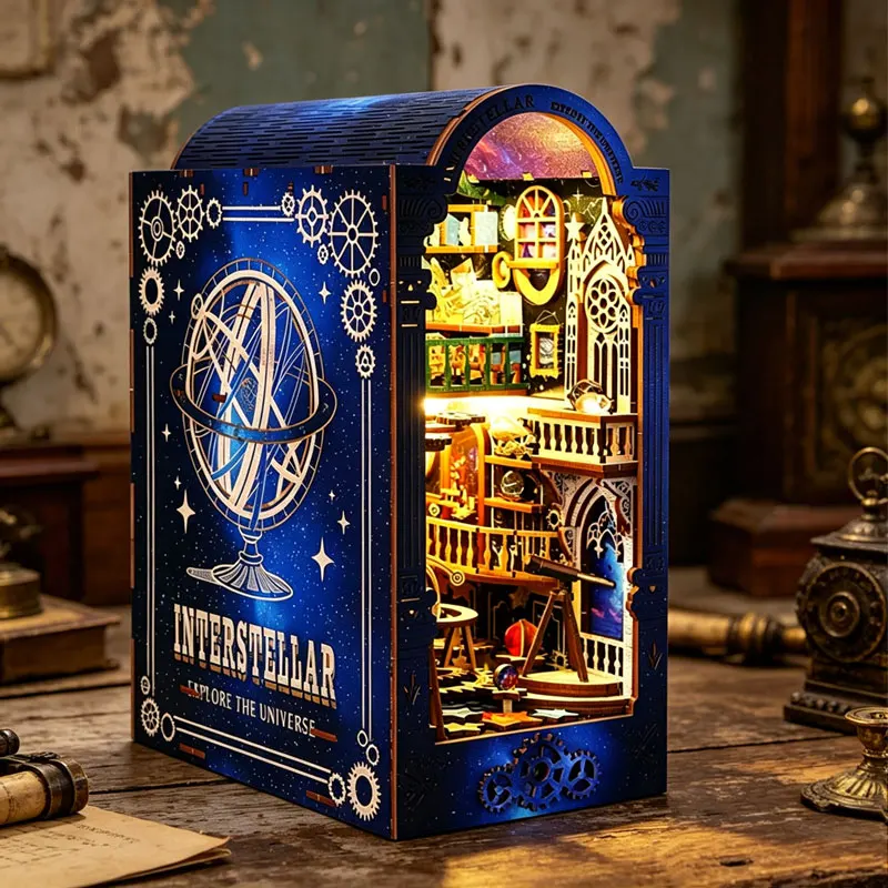 Zuuton Interstellar Observatory Book Nook DIY 3D Wooden Puzzle Miniature Steampunk Astronomy Kit With LED Light Bookshelf Insert