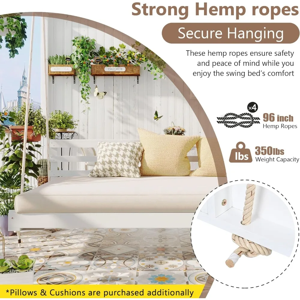 سرير أرجوحة للشرفة الخارجية مع حبال من القنب، سرير معلق من خشب السنط للفناء، سعة 350 رطل، تصميم بسيط مفتوح الجانب للفناء،