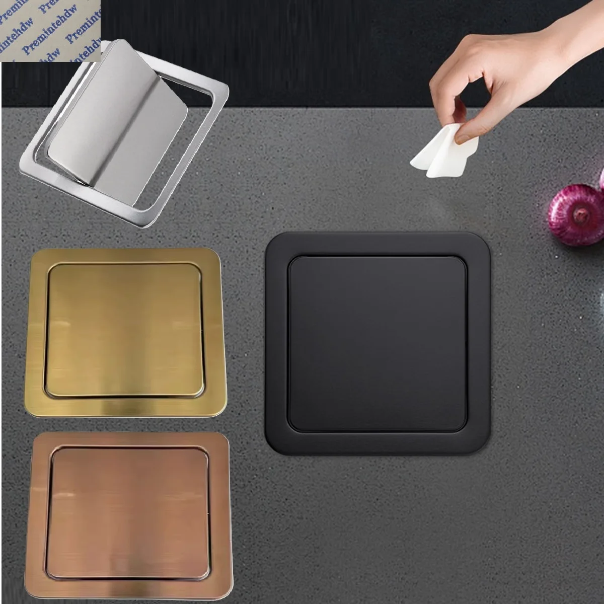 1Pc Square Stainless Steel Counter Mount Waste Trash Swing Lid Black Rose Gold  ---No Bin Included