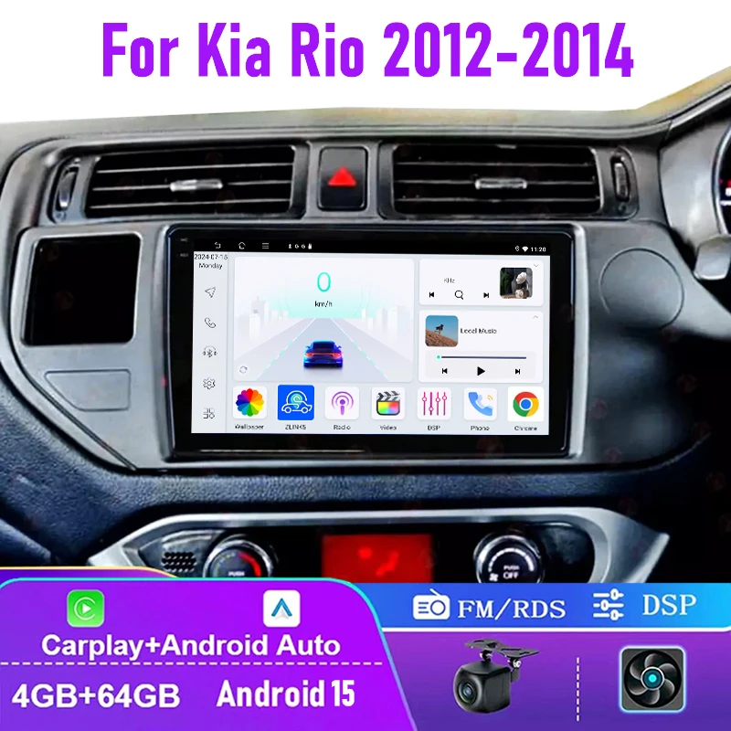 

9” 4+64GB For KIA Rio 2012-2014 Car Radio Wireless Carplay Android 15 Auto Head Unit FM GPS Navi with Outer Frame
