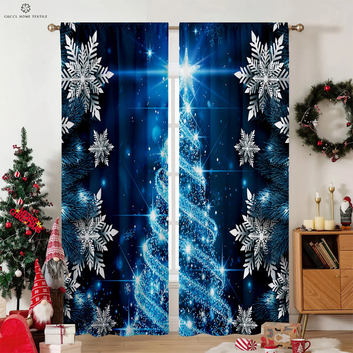 Merry Christmas Window Curtain, Rod Pocket, Suitable for Bedroom, Living Room, Outdoor Decoration, Can Be Customized, 2Pcs