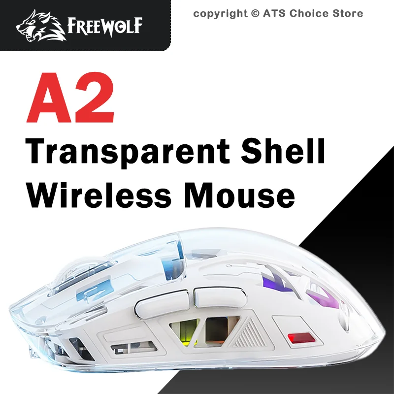 FREEWOLF A2 Transparent RGB Wireless Gaming Mouse, Bluetooth/2.4G Dual Mode, Battery Display Screen, Silent Click for Win/Mac