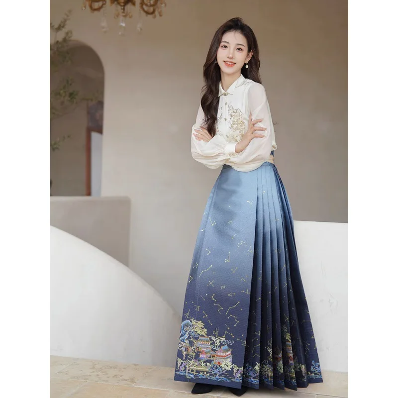 مجموعة Hanfu التقليدية للنساء ، فستان وجه الحصان ، النمط الصيني الجديد ، التنين التطريز ، تنورة ماما ، ملابس الشارع ارتداء ، والأزياء