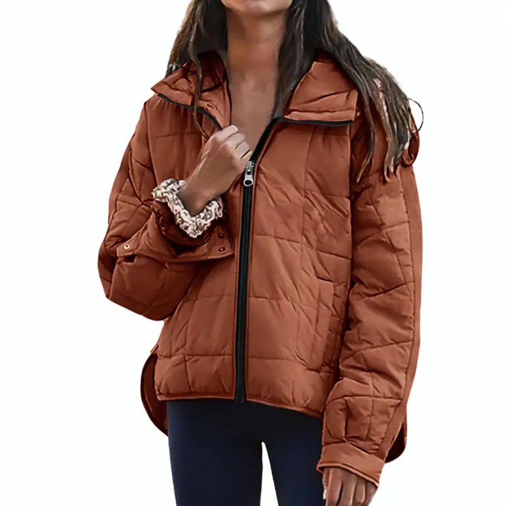 2025 Ladies Winter Cotton Padded Jacket Loose Hooded Long Sleeve Zipper Coat Solid Color Casual Warm Outdoor Outerwear