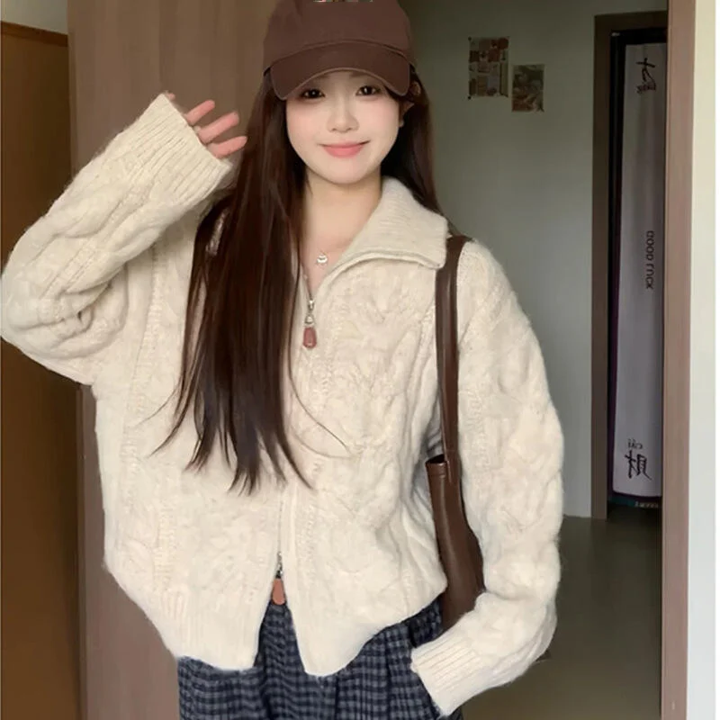 

High Collar Zipper Twist Girl's Sweater Knitted Cardigan Pullover Women's Korean Style Long-Sleeved Soft Warm Coat Autumn Winter