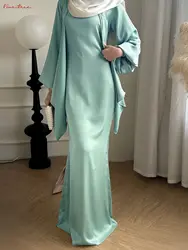 Ramadan Eid Fashion Silky Two pieces Muslim Dress Opened Muslim Abaya Female Islamic Kaftan Robe Islamic Abaya wy2095