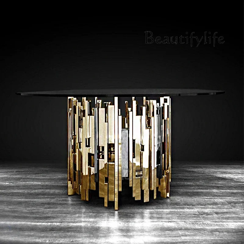 M Modern Simple Tempered Glass Dining Table, Living Room High-end Mirror Stainless Steel Round Household Dining Table