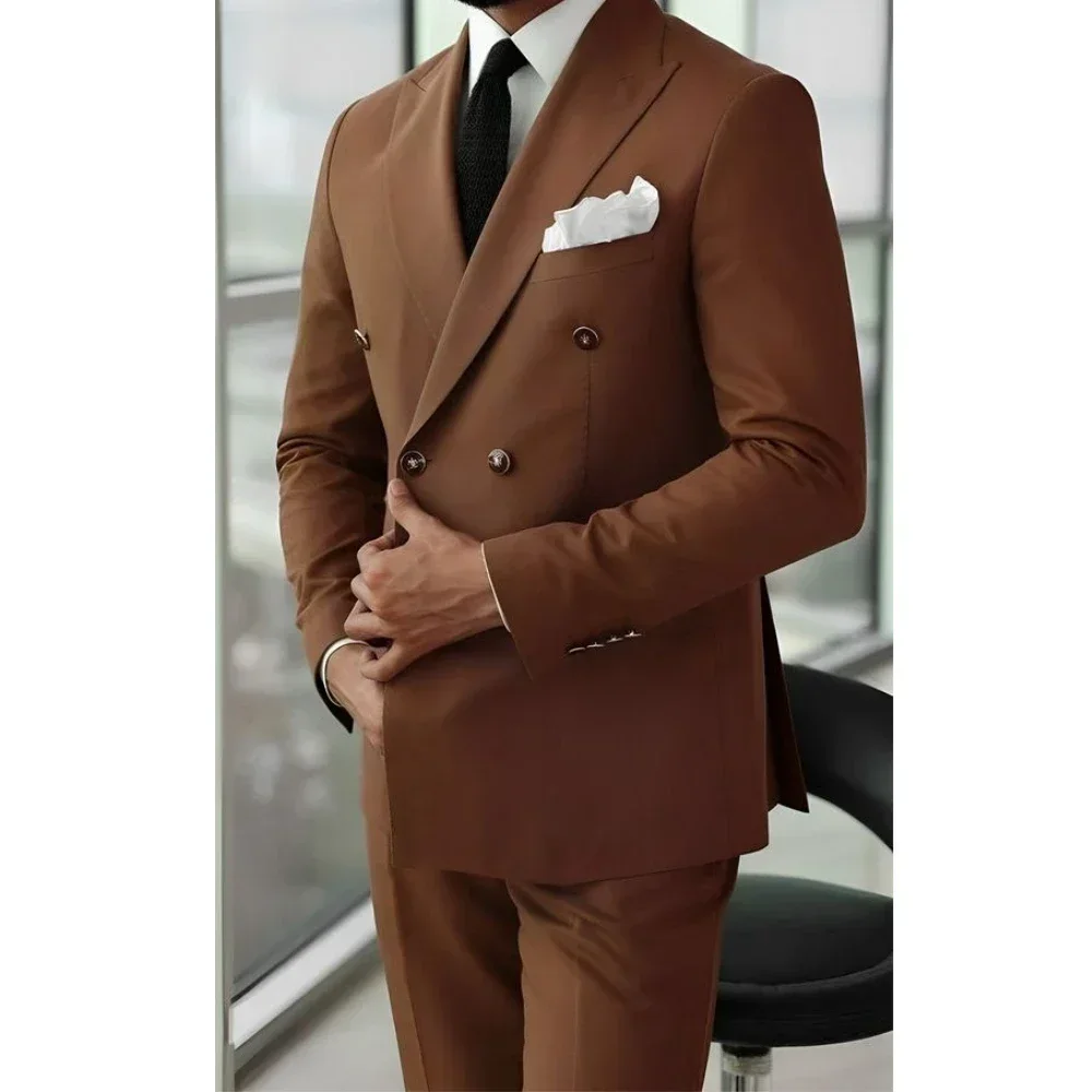 

Chic Brown Suits for Men Double Breasted Peak Lapel Wedding Tuxedo Slim Smart Casual Office Male Suit 2 Piece (Jacket+Pants)