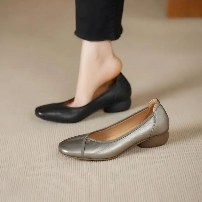 Women's Soft Leather Flats Square Toe Slip-On Comfortable Low Heel Soft Sole Lightweight Casual Mother's Shoes for Daily Walking image 6