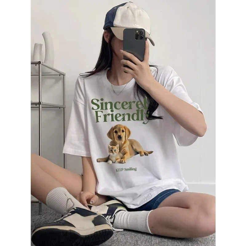 

Милая футболка с принтом животных (кошек и собак), короткий рукав, микроэластичная, белая, простая, с круглым вырезом, повседневная, летняя, модная.