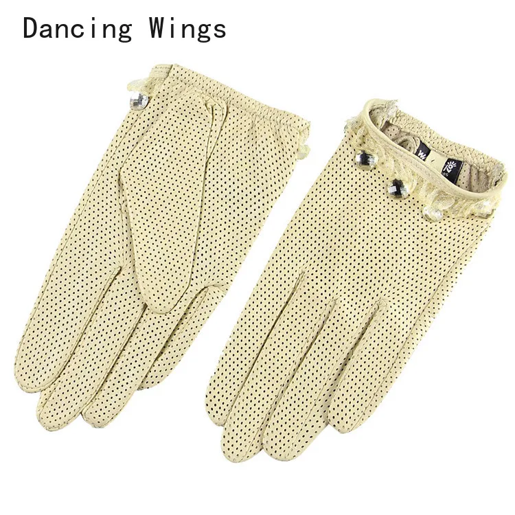 

Shiny Rhinestones Women's Genuine Leather Lace Hole Gloves Female Natural Sheepskin Leather Breathable Motorcycle Driving Glove