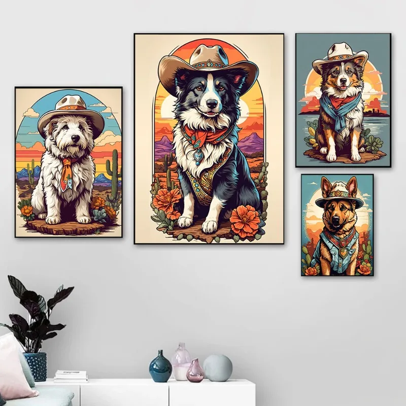 Funny Dogs Corgi Cowboy Posters Prints Canvas Painting Wall Art Sheepdog Border Collie Pitbull Dog Pictures for Room Home Decor