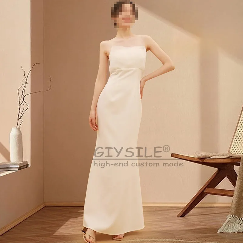 GIYSILE Aangepaste witte trouwjurk Eenvoudige satijnen Hepburn windtaille Fishtail mouwloze formele dames elegante avondjurken