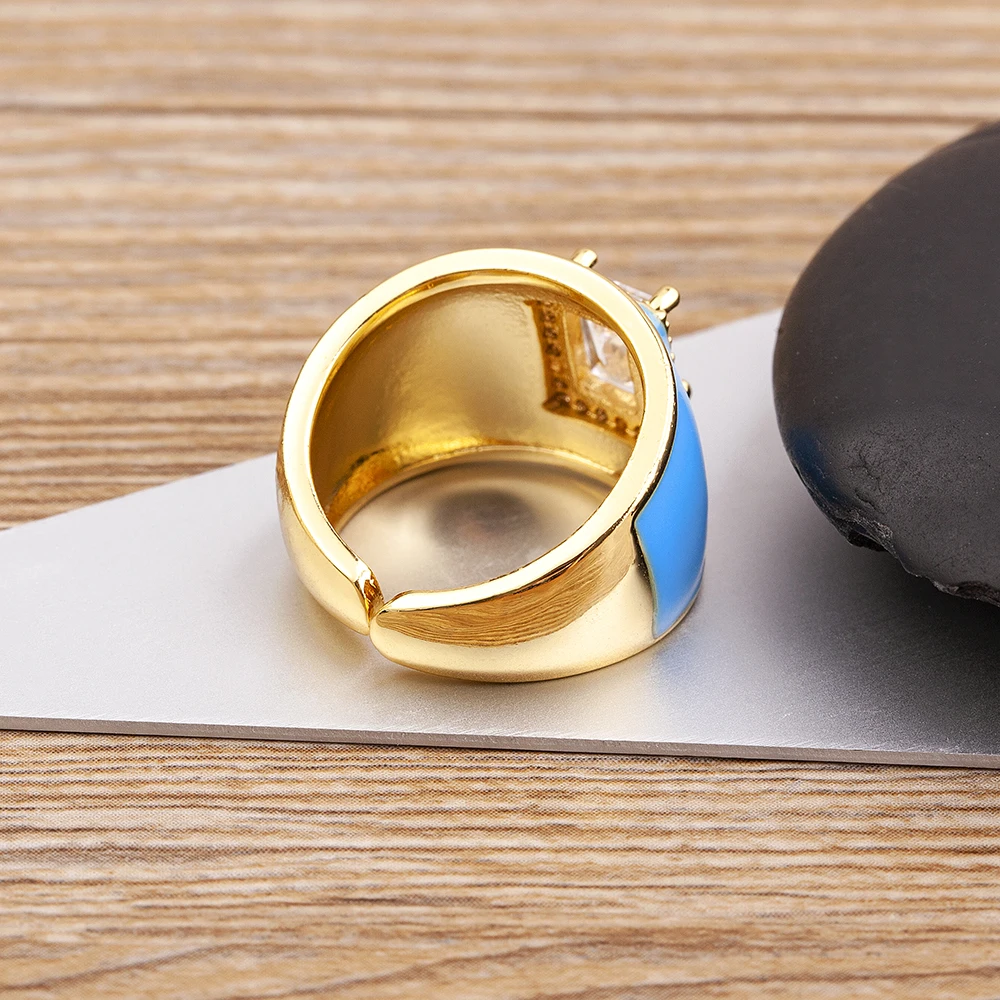 Nidin High Quality Multicolor Enamel Dripping Oil Zircon Open Ring For Women Adjustable Gold Plated Chunky Finger Rings Gift