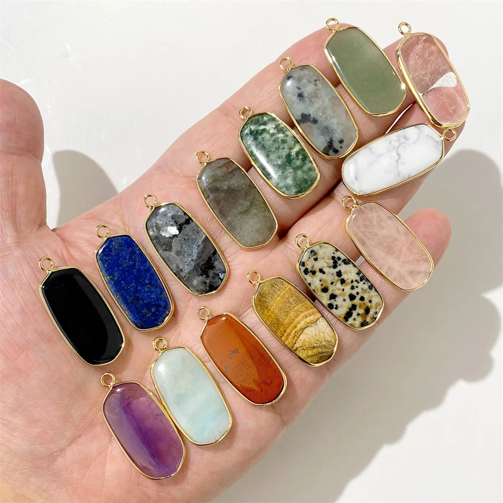 2PCS Natural Rectangle Stone Pendant 16X35MM Labradorite Quartz Amazonite Single Loop Charms For Jewelry Making DIY Necklace