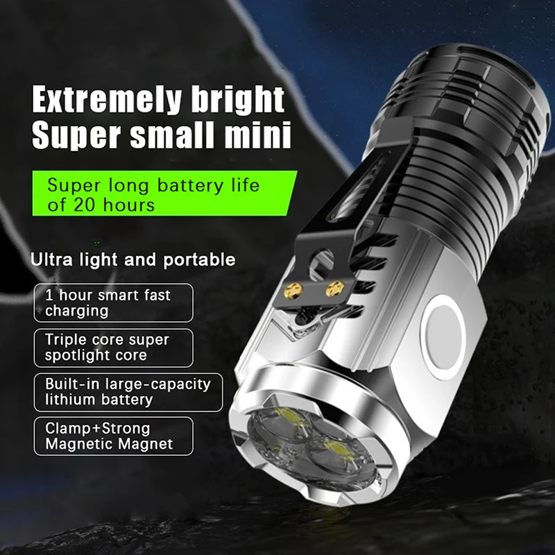 Powerful 3 Led Flashlight Mini Torch With Pocket Clip USB Rechargeable 5 Modes Flashlight Tail Magnet For Outdoor Camping Hiking